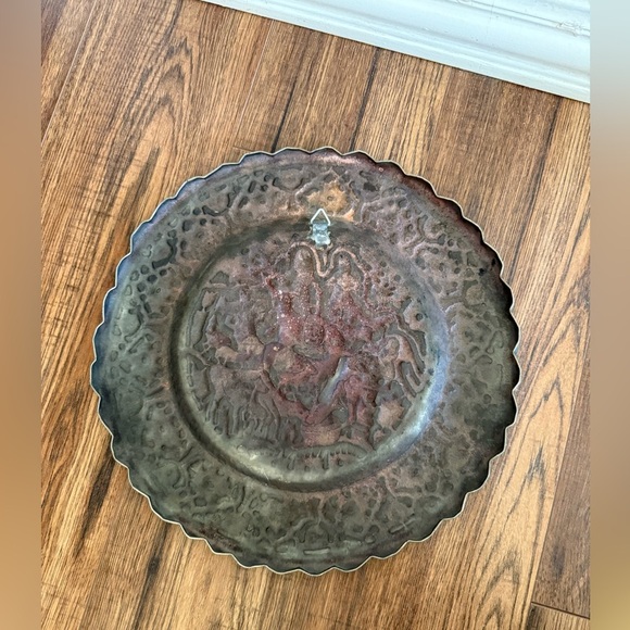 Vintage Persian Hand Hammered Copper Tinned Wall Hanging Plate Dish Tray - Picture 7 of 8